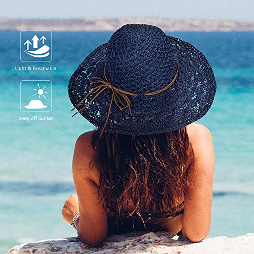 Wilxaw Sombrero de Paja para Mujer Plegable Gorra de Playa de ala Ancha Señora, Respirable Ajustable con Decoración de Lazo (Azul Oscuro)