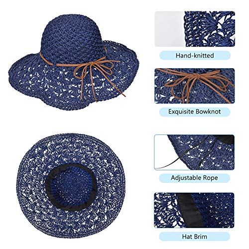 Wilxaw Sombrero de Paja para Mujer Plegable Gorra de Playa de ala Ancha Señora, Respirable Ajustable con Decoración de Lazo (Azul Oscuro)