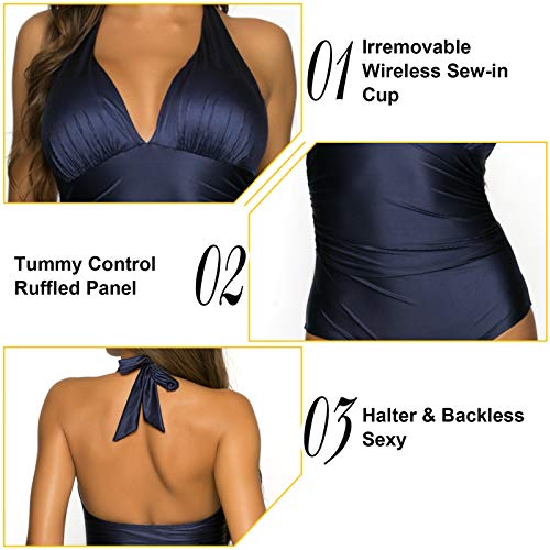 WIN.MAX Mujer Trajes de Baño Una Pieza V-Cuello Push-up Monokini Push-up Acolchado Adelgazante Bikini (A#Negro, EU40)
