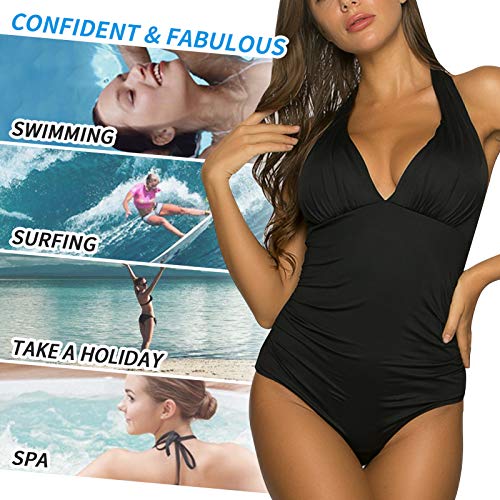 WIN.MAX Mujer Trajes de Baño Una Pieza V-Cuello Push-up Monokini Push-up Acolchado Adelgazante Bikini (A#Negro, EU40)