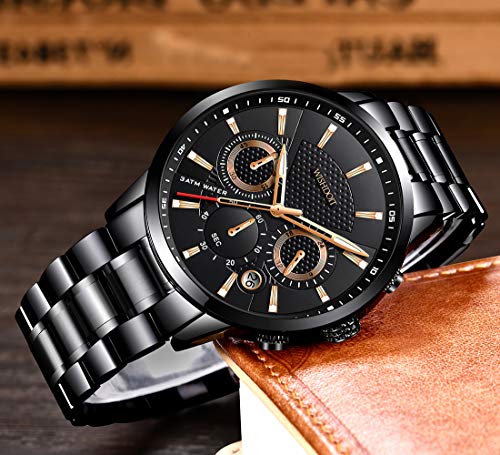 WISHDOIT Relojes Hombre Impermeable Deportes Cuarzo Analógico Cronógrafo Reloj de Vestir Moda Negro Esfera Grande con Plata Acero Inoxidable Correa