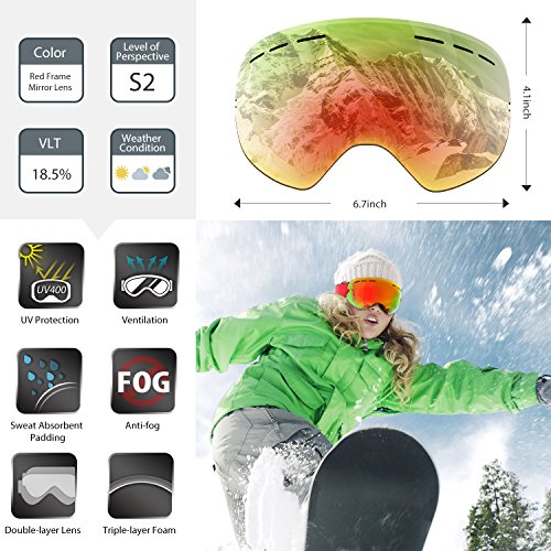 WLZP Gafas de esquí antiniebla con protección UV para Snowboard, esquí, Skating y Otros Deportes de Nieve, con Lentes esféricas Intercambiables Dobles, para Hombres, Mujeres y jóvenes
