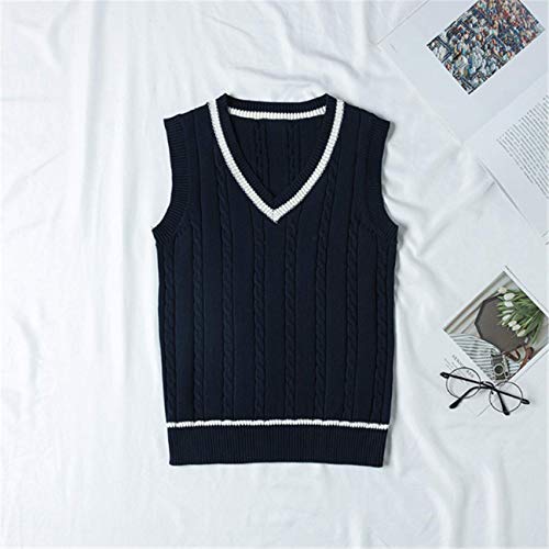 WOOKIT Suéter Tejido Suéteres de los Chalecos de Punto Chalecos de Tirantes sin Mangas Lindo Uniforme con Cuello de Pico-Azul Marino-M