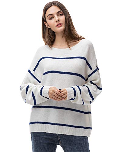 Woolen Bloom Manga Larga Sueter Invierno Sueter Mujer 2019 Jersey Elegante Blanco Azul Rayas Jerseys Punto Blanco Suelta y Cómoda
