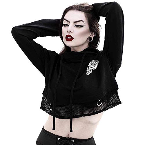 worclub Sudaderas con Capucha Recortadas de Malla con Estampado de Calavera y Estilo Punk gótico para Mujer