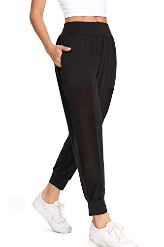WOWENY Pantalones Chandal Mujer Casuals Gasa de Red de Deportivos Yoga Jogger Pantalon Sweatpants con Bolsillos Primavera Verano (Negro, L)