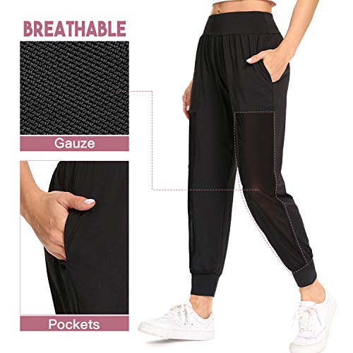 WOWENY Pantalones Chandal Mujer Casuals Gasa de Red de Deportivos Yoga Jogger Pantalon Sweatpants con Bolsillos Primavera Verano (Negro, L)