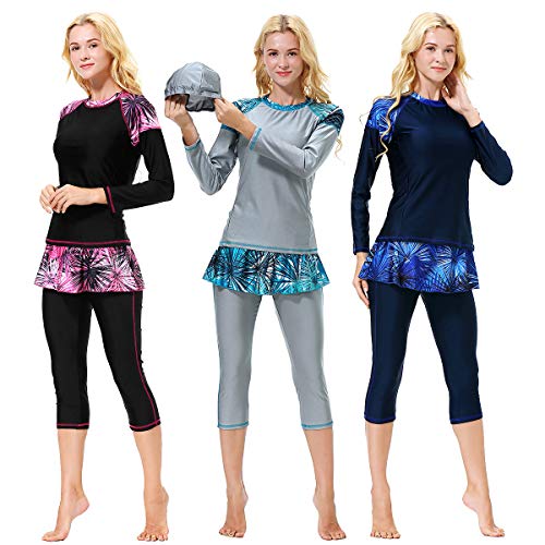 WSPACE Burkini Musulman,Bañador Musulmán, Traje de Baño para Mujer Conservador Ropa de Playa Islámico Burkini Swimwear Ropa Musulmana con Hijab 3 Piezas