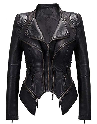 W&TT Chaqueta Motera Punk con Tachuelas Retro para Mujer Abrigo de Cuero sintético con Cremallera de Solapa de Doble Capa,Black2,S