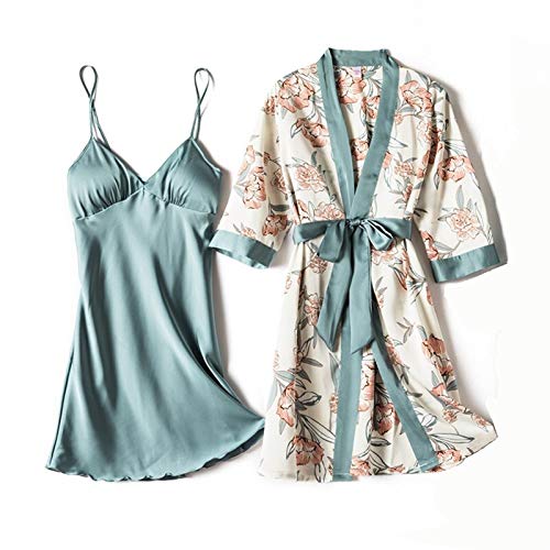 WUCHENG Pijamas y robos Sexy Conjunto de impresión Floral Pijamas Kimono de Mujer baño Casual Falda Satinada 2 Piezas Juego de Dormir íntimo Ropa Interior en casa Pijama