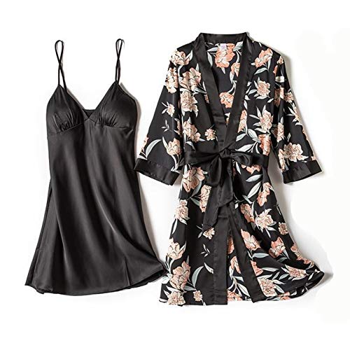 WUCHENG Pijamas y robos Sexy Conjunto de impresión Floral Pijamas Kimono de Mujer baño Casual Falda Satinada 2 Piezas Juego de Dormir íntimo Ropa Interior en casa Pijama