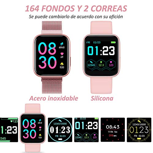 WWDOLL Smartwatch, Reloj Inteligente IP67 con Monitor Rítmo Cardíaco Sueño Podómetro Notificaciones, Reloj Deportivo 1.4 Inch Pantalla Táctil Completa Mujer para iOS y Android (Rosa)