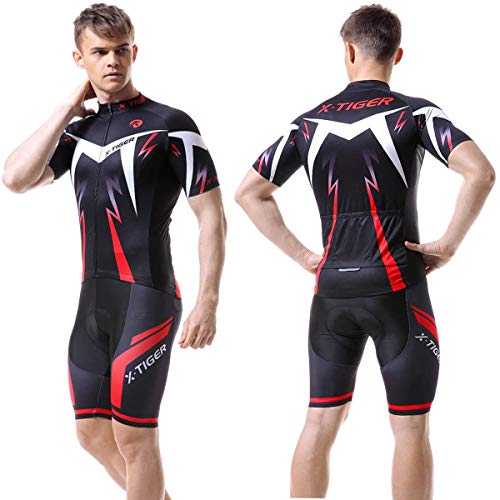 X-TIGER Ciclismo Maillots para Hombres con Tirantes Manga Corta Transpirable Secado Rápido con 5D Acolchado Gel Culotes Culotte Pantalones Cortos (Rojo,2XL)