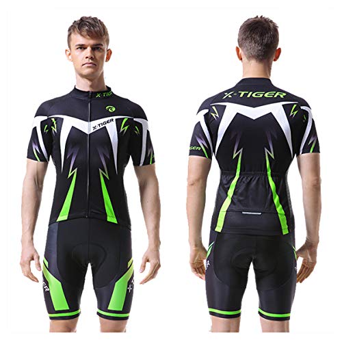 X-TIGER Ciclismo Maillots para Hombres con Tirantes Manga Corta Transpirable Secado Rápido con 5D Acolchado Gel Culotes Culotte Pantalones Cortos (verde,XL)