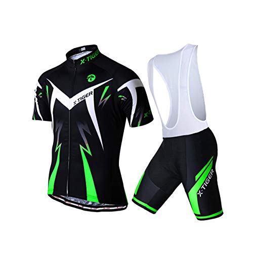 X-TIGER Ciclismo Maillots para Hombres con Tirantes Manga Corta Transpirable Secado Rápido con 5D Acolchado Gel Culotes Culotte Pantalones Cortos (verde,XL)