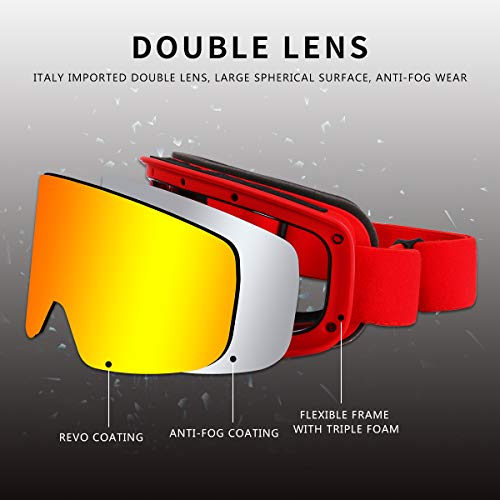 X-TIGER Gafas de Esquí, Gafas Esquí Snowboard para Mujer Hombre, Máscara Esquí OTG con Gran Campo de Visión, Doble Lente Anti-Niebla, 100% UV400 Protección, Lente Intercambiable (0202)