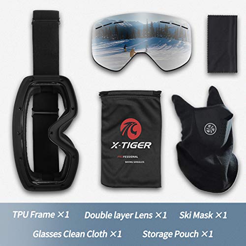 X-TIGER Gafas de Esquí, Gafas Esquí Snowboard para Mujer Hombre, Máscara Esquí OTG con Gran Campo de Visión, Doble Lente Anti-Niebla, 100% UV400 Protección, Lente Intercambiable (0202)