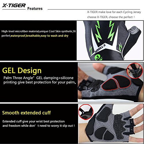 X-TIGER Guantes Ciclismo MTB Dedo Medio Guantes Bici Respirable Reflectante 3D Gel Almohadilla para Hombre (Verde,L)