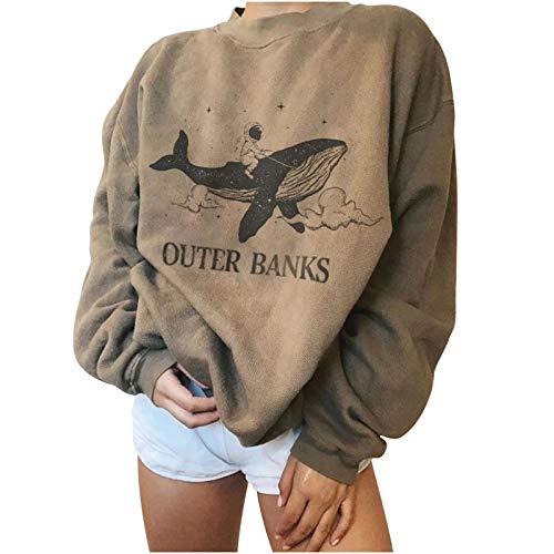 XCVBX Sudadera sin Capucha Vintage para Mujer Pullover Retro de Gran Tamaño Mangas Largas con Patrón de Letras Cuello Redondo Invierno Otoño Tops Blusa Ropa Deportiva