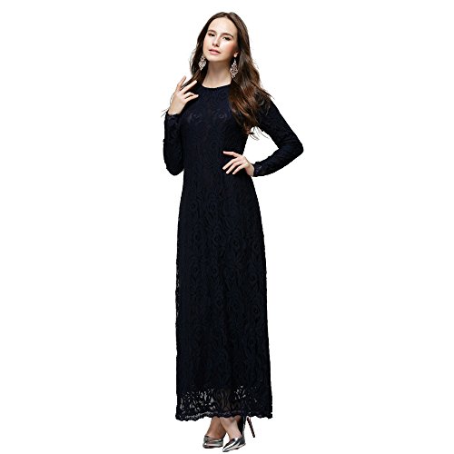 XFentech Mujeres Elegante Encaje Vestido de Musulmán Árabe Túnica Manga Larga Largos Caftán Vestidos