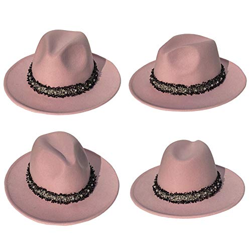 Xiang Ru Sombreros Fedora de fieltro de ala ancha para hombres y mujeres, 2 piezas de cuero extraíble y banda de perlas, Mujer, XR0526-20012AB, rosa, Talla única