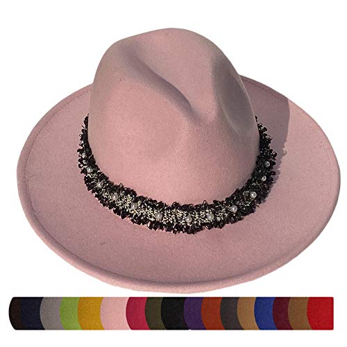 Xiang Ru Sombreros Fedora de fieltro de ala ancha para hombres y mujeres, 2 piezas de cuero extraíble y banda de perlas, Mujer, XR0526-20012AB, rosa, Talla única