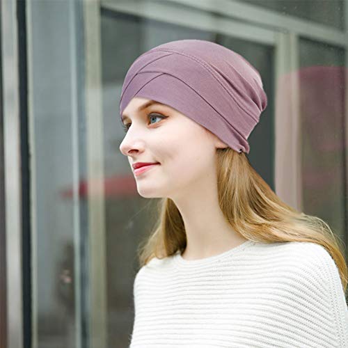 Xiangmall 2 Piezas Sombrero de Quimio Slouchy Beanie Elástico Pañuelo la Cabeza Turbante Oncologicos para Mujer Cáncer Pérdida de Pelo (Gris y Morado Claro)