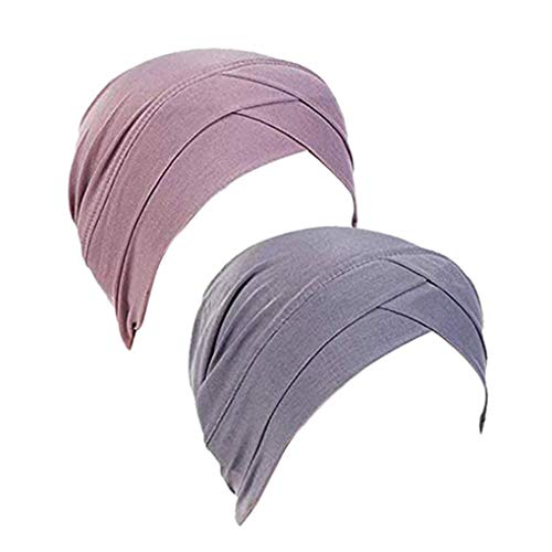 Xiangmall 2 Piezas Sombrero de Quimio Slouchy Beanie Elástico Pañuelo la Cabeza Turbante Oncologicos para Mujer Cáncer Pérdida de Pelo (Gris y Morado Claro)