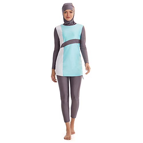 Xingsiyue Traje de Baño de Manga Larga para Mujer, Musulmán Burkini Traje de Baño de Color de Retazos Islámicos con Hijab