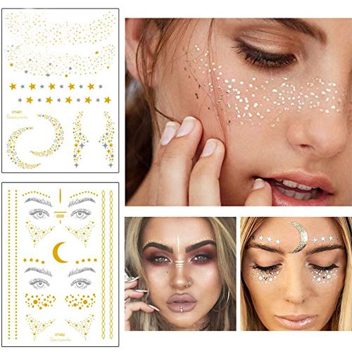 Xinlie 2 Piezas Tatuajes en la cara Pegatinas Pegatinas para Tatuajes de Metálicas con Destellos Para la cara Pegatinas Para el regalo Navideño Chicas y Mujeres jóvenes(2 Piezas)