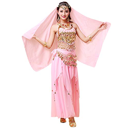 Xinvivion 4 Piezas Mujer Señoras Danza del Vientre Profesional Conjunto de Vestuario Danza India Rendimiento Outfit Traje (Rosa,Ajuste 35-45 KG)