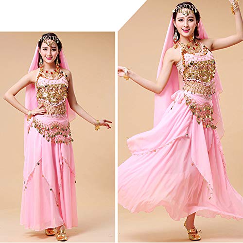 Xinvivion 4 Piezas Mujer Señoras Danza del Vientre Profesional Conjunto de Vestuario Danza India Rendimiento Outfit Traje (Rosa,Ajuste 35-45 KG)