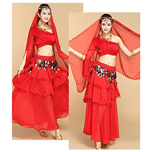 Xinvivion Danza India Disfraz para Mujer - Danza del Vientre Outfit Set Halloween Carnaval Bailando Ropa de Rendimiento,Rojo