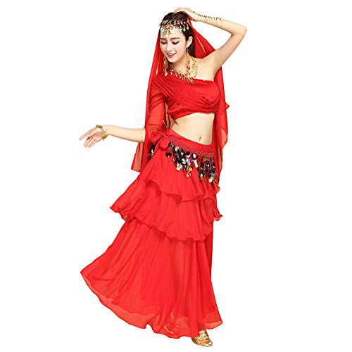 Xinvivion Danza India Disfraz para Mujer - Danza del Vientre Outfit Set Halloween Carnaval Bailando Ropa de Rendimiento,Rojo