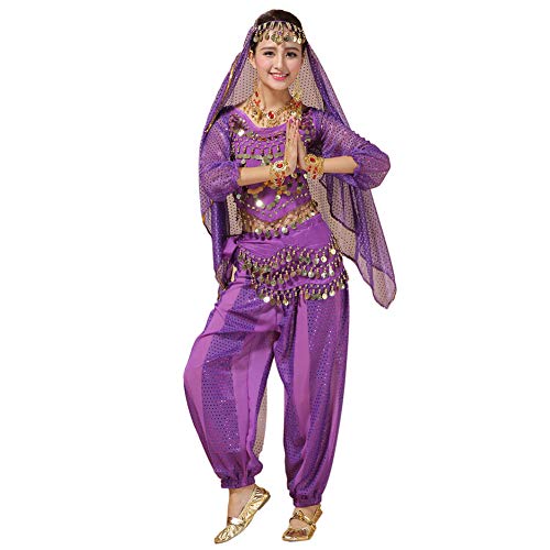 Xinvivion Mujer Profesional Danza del Vientre Disfraz Bollywood Indio árabe Bailando Rendimiento Outfits Traje (Morado,Ajuste 45-70 KG)