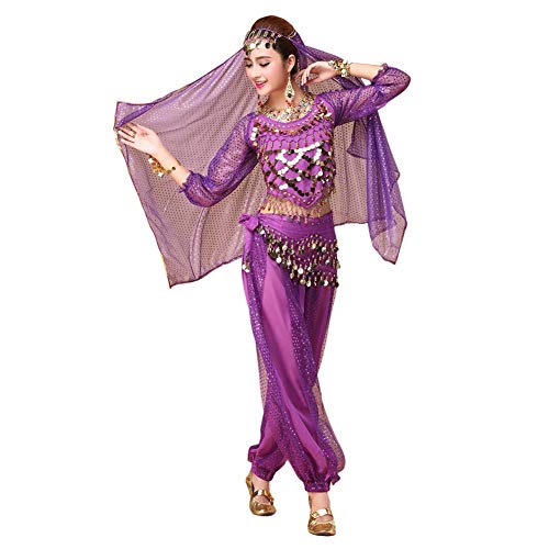 Xinvivion Mujer Profesional Danza del Vientre Disfraz Bollywood Indio árabe Bailando Rendimiento Outfits Traje (Morado,Ajuste 45-70 KG)