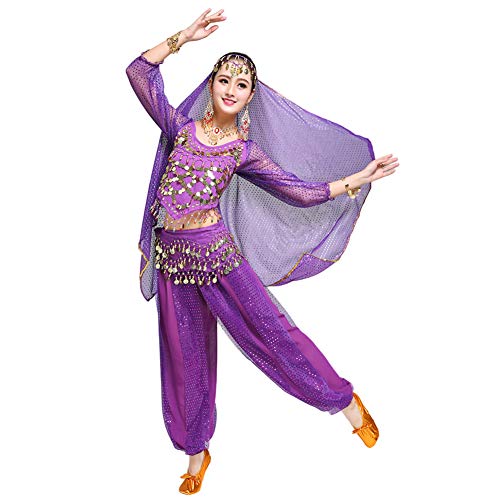 Xinvivion Mujer Profesional Danza del Vientre Disfraz Bollywood Indio árabe Bailando Rendimiento Outfits Traje (Morado,Ajuste 45-70 KG)