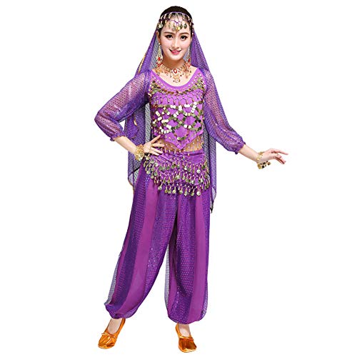 Xinvivion Mujer Profesional Danza del Vientre Disfraz Bollywood Indio árabe Bailando Rendimiento Outfits Traje (Morado,Ajuste 45-70 KG)