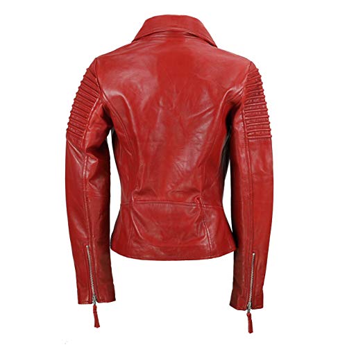 Xposed Chaqueta de motociclista para mujer, estilo vintage, ajustada, suave, de cuero auténtico, talla UK 6-24, color Rojo, talla Small