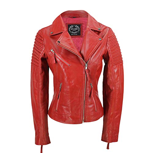 Xposed Chaqueta de motociclista para mujer, estilo vintage, ajustada, suave, de cuero auténtico, talla UK 6-24, color Rojo, talla Small