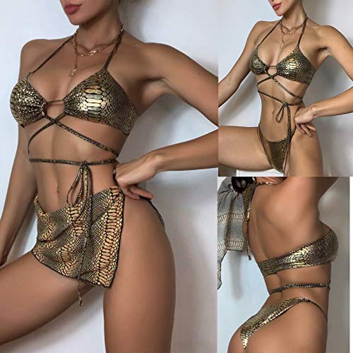 YANFANG Bikini para Mujer Traje De BañO Ropa Playa Tanga Tiro Bajo Bikinis Push Up BrasileñOs Braga Estilo Tres Piezas con Espalda Abierta, Sexy, Dorado Brillante, Dividido