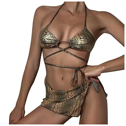 YANFANG Bikini para Mujer Traje De BañO Ropa Playa Tanga Tiro Bajo Bikinis Push Up BrasileñOs Braga Estilo Tres Piezas con Espalda Abierta, Sexy, Dorado Brillante, Dividido