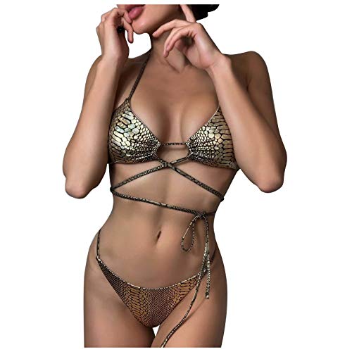 YANFANG Bikini para Mujer Traje De BañO Ropa Playa Tanga Tiro Bajo Bikinis Push Up BrasileñOs Braga Estilo Tres Piezas con Espalda Abierta, Sexy, Dorado Brillante, Dividido