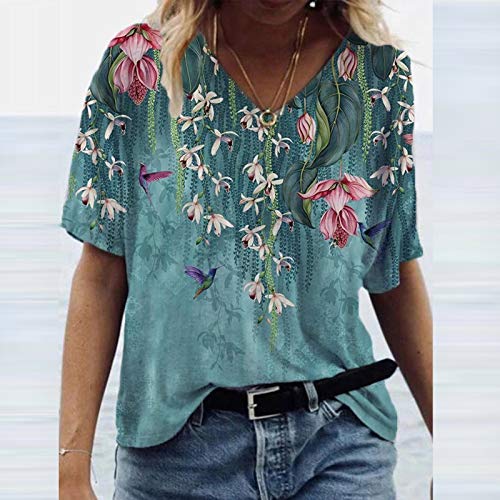 YANFANG Blusa de Camiseta con Cuello en V con Estampados de Manga Corta de Talla Grande para Mujer Casual Verano Basica Buen Juego