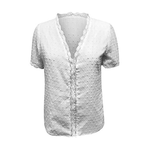 YANFANG Blusas de Mujer Elegantes,Camiseta Casual de Manga Corta con Encaje de Moda para Mujer Top de Color sólido con Cuello en V, XL,White