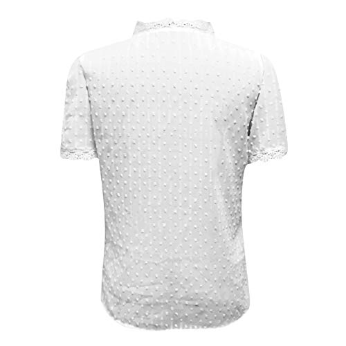 YANFANG Blusas de Mujer Elegantes,Camiseta Casual de Manga Corta con Encaje de Moda para Mujer Top de Color sólido con Cuello en V, XL,White