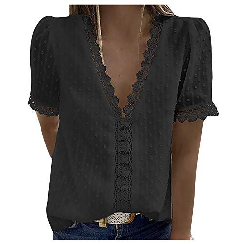 YANFANG Blusas de Mujer Elegantes,Camiseta Casual de Manga Corta con Encaje de Moda para Mujer Top de Color sólido con Cuello en V, XXL,Black