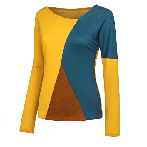 YANFANG Blusas para Las Mujerescon Cuello Redondo Empalme Color Colisión Manga Larga Tallas Grandes Easy Color Contraste Tops Blusa