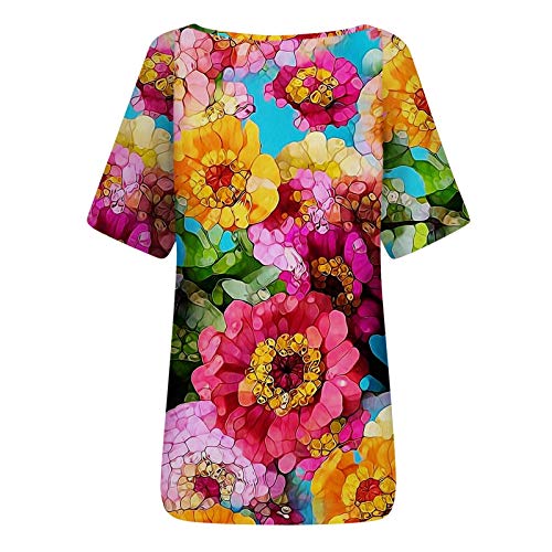 YANFANG Camiseta para Mujer Holgada de Manga Corta con Estampado Floral Boho Casual básica del estación Verano Primavera
