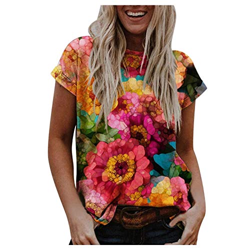 YANFANG Camiseta para Mujer Holgada de Manga Corta con Estampado Floral Boho Casual básica del estación Verano Primavera